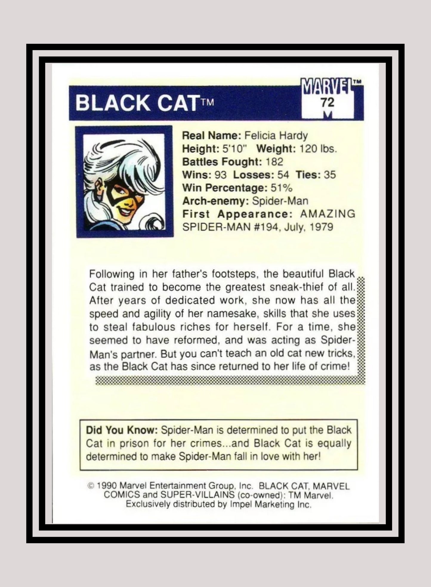 Marvel! 1x Black Cat - Base (#072 - 1990 Impel Marvel Universe Series I)