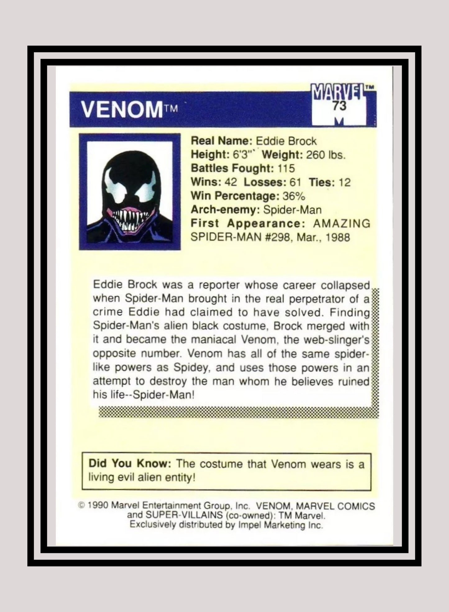 Marvel! 1x Venom - Base (#073 - 1990 Impel Marvel Universe Series I)