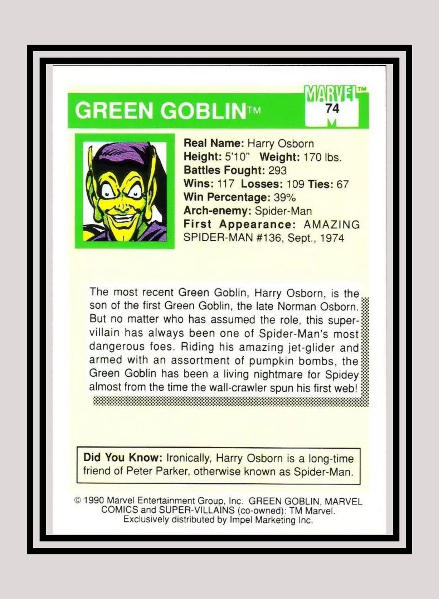 Marvel! 1x Green Goblin - Base (#074 - 1990 Impel Marvel Universe Series I)