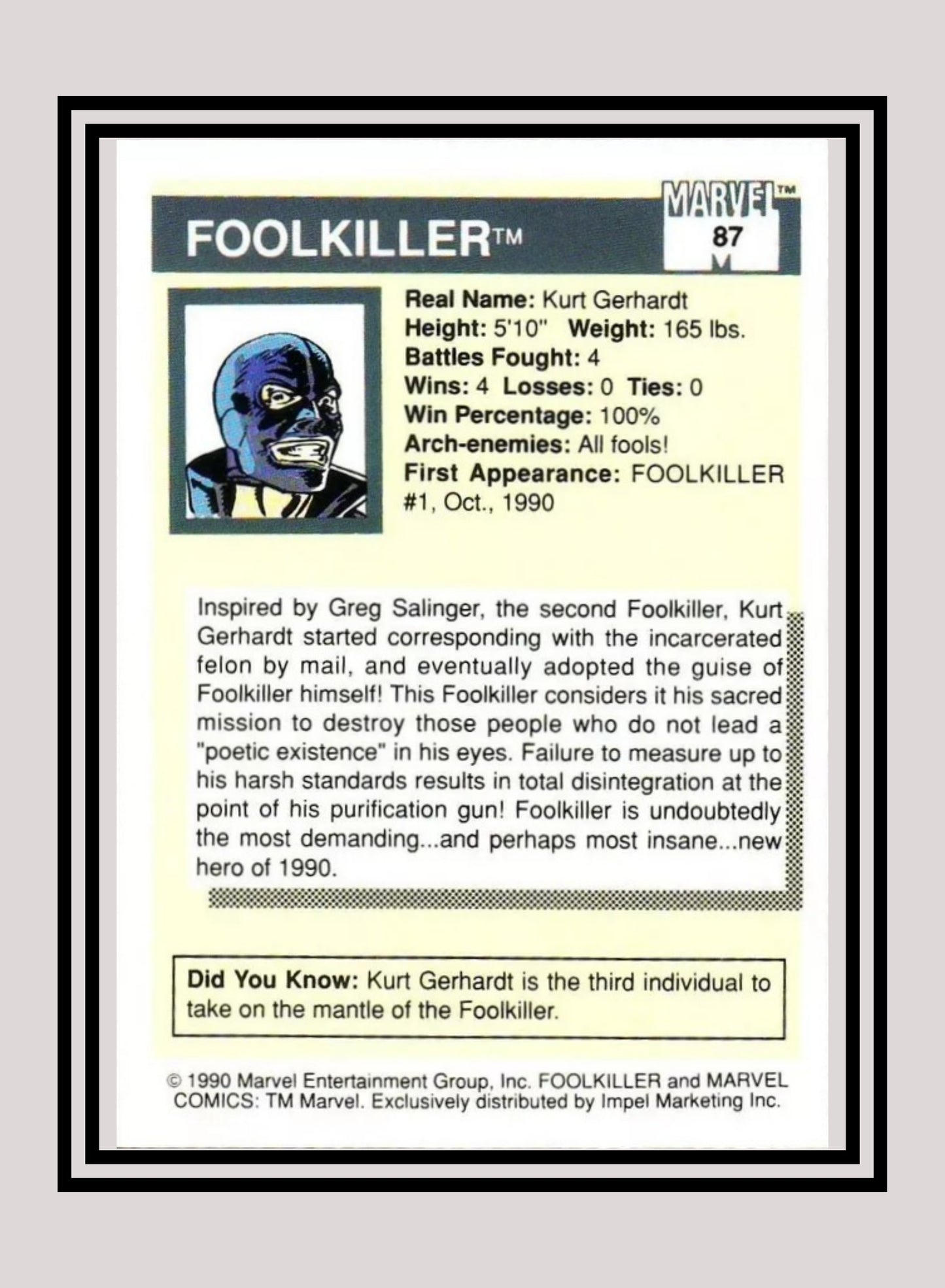 Marvel! 1x Foolkiller - Base (#087 - 1990 Impel Marvel Universe Series I)