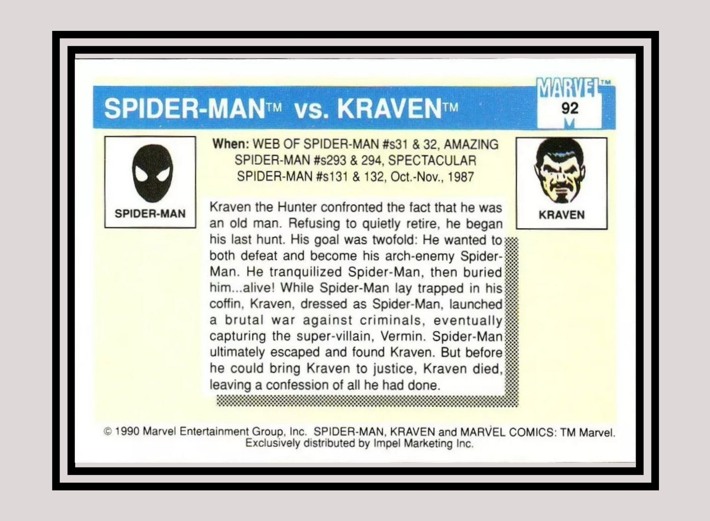 Marvel! 1x Spider-Man vs. Kraven - Base (#092 - 1990 Impel Marvel Universe Series I)