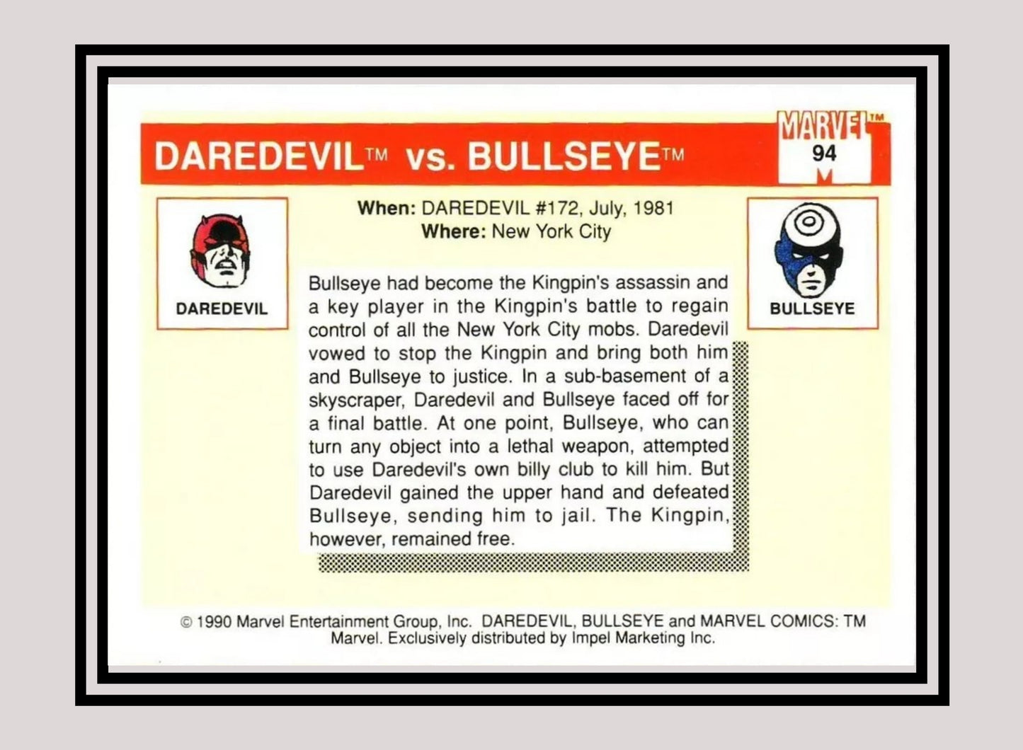 Marvel! 1x Daredevil vs. Bullseye - Base (#094 - 1990 Impel Marvel Universe Series I)