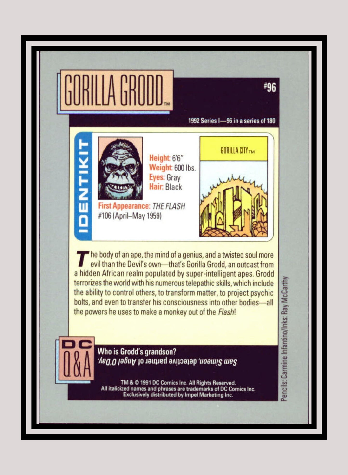 DC! 1x Gorilla Grodd - Base (#096 - 1991 Impel DC Cosmic Cards)
