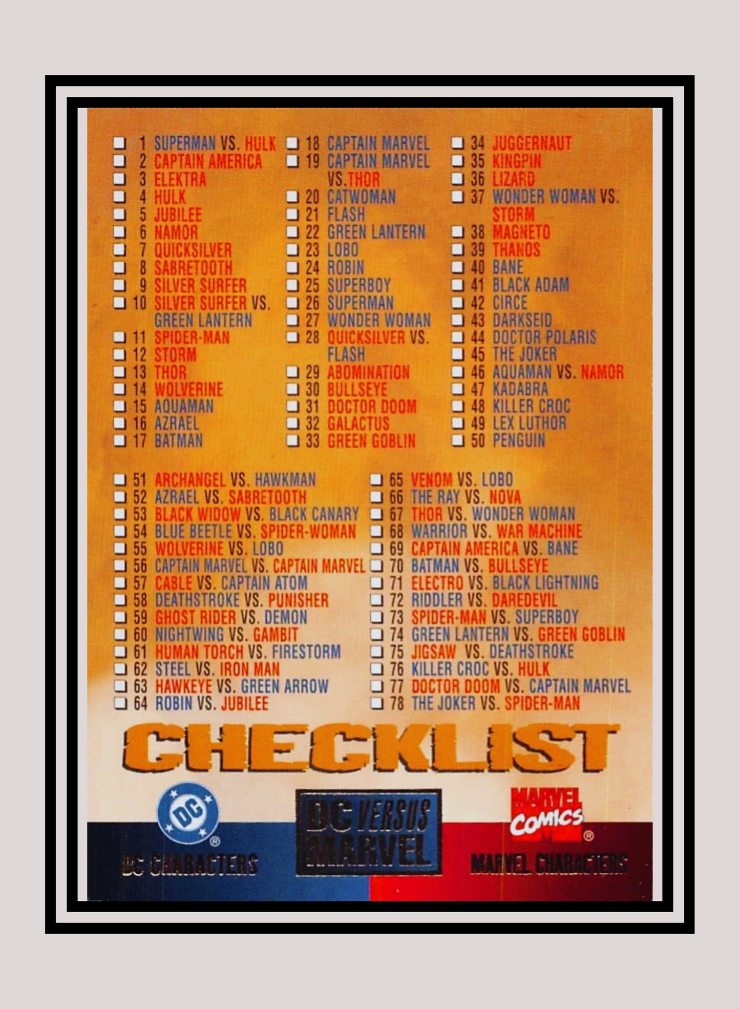 Marvel! 1x Checklist - Base (#100 - 1995 Fleer DC vs. Marvel Comics)