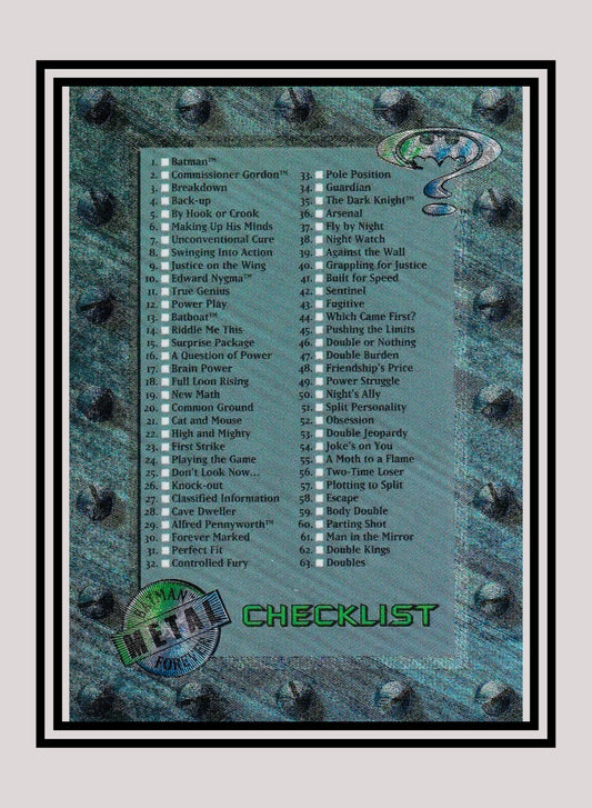 DC! 1x Checklist - Base Metal (#100 - 1995 Fleer Batman Forever Metal)