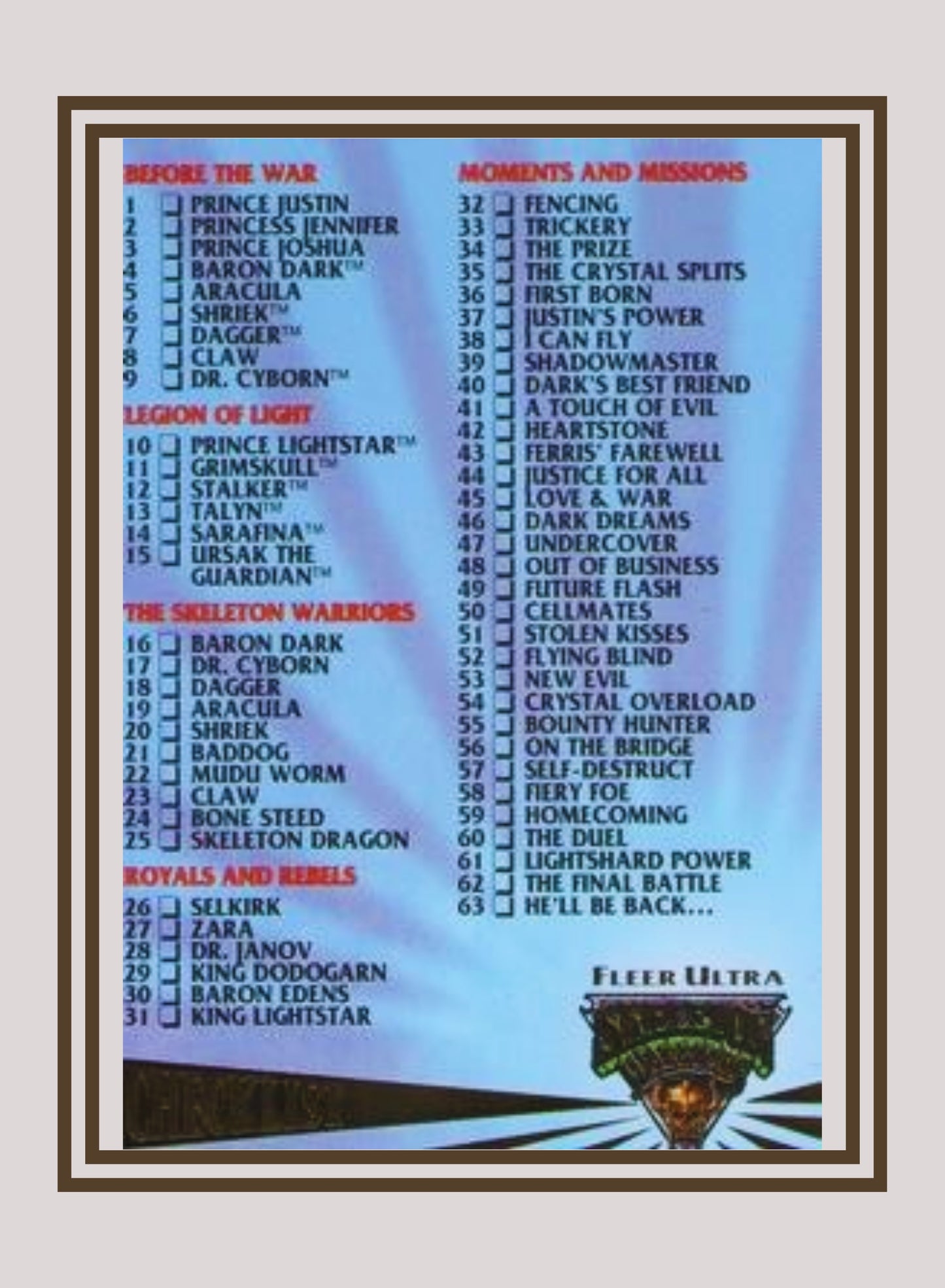 1x Fleer Ultra Skeleton Warriors Checklist - Base (#100 - 1995 Fleer Ultra Skeleton Warriors)