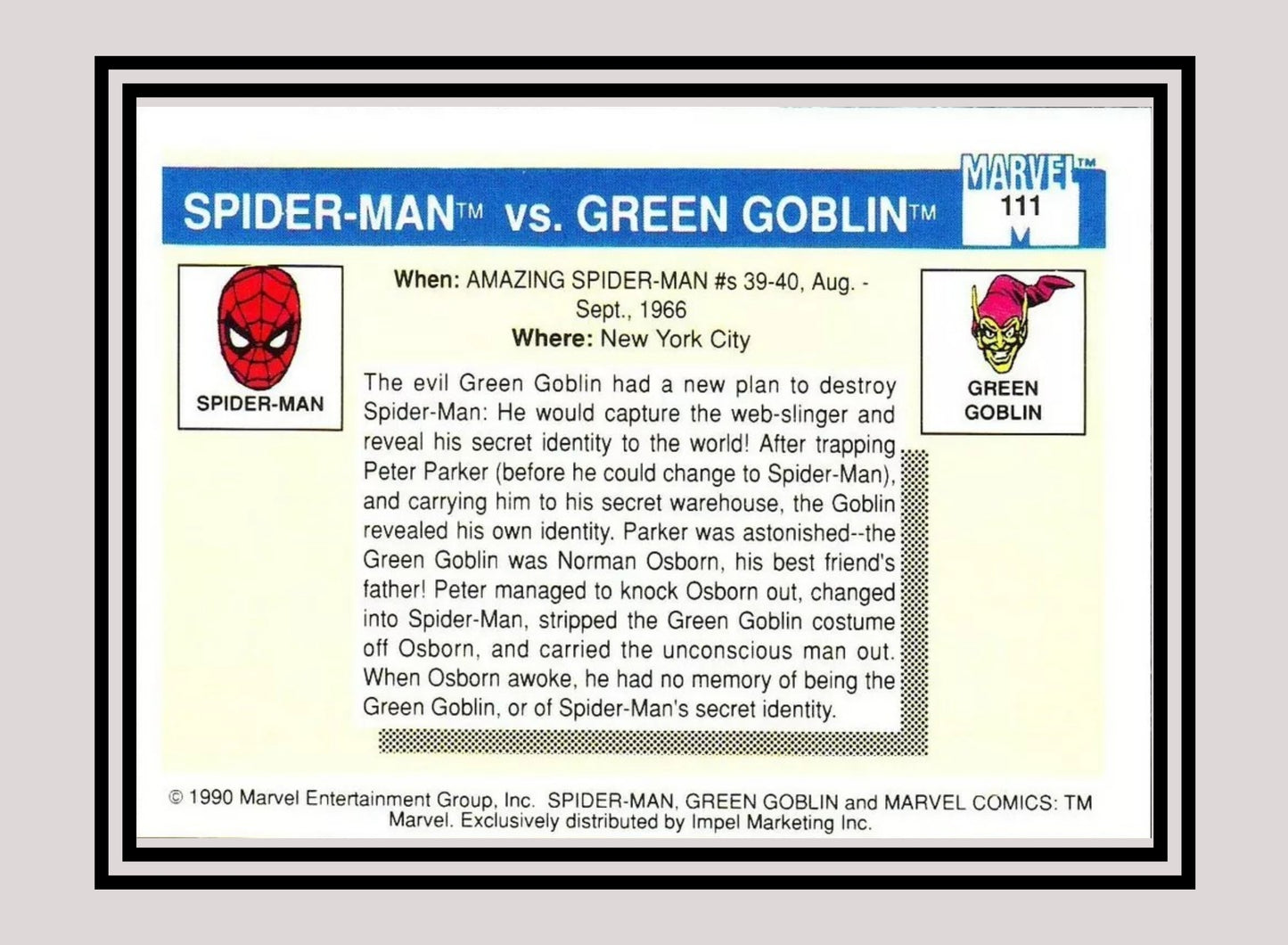 Marvel! 1x Spider-Man vs. Green Goblin - Base (#111 - 1990 Impel Marvel Universe Series I)