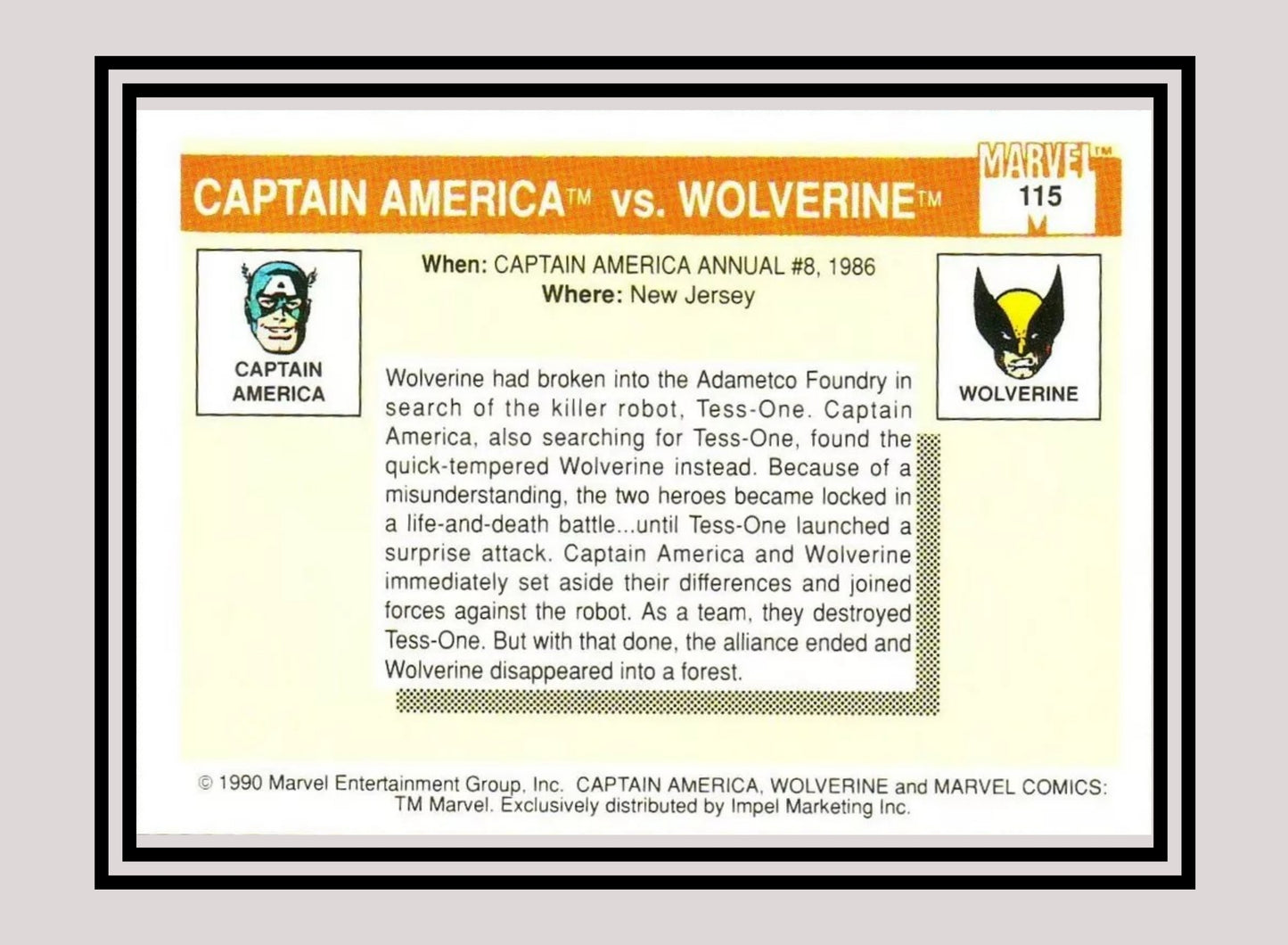 Marvel! 1x Captain America vs. Wolverine - Base (#115 - 1990 Impel Marvel Universe Series I)