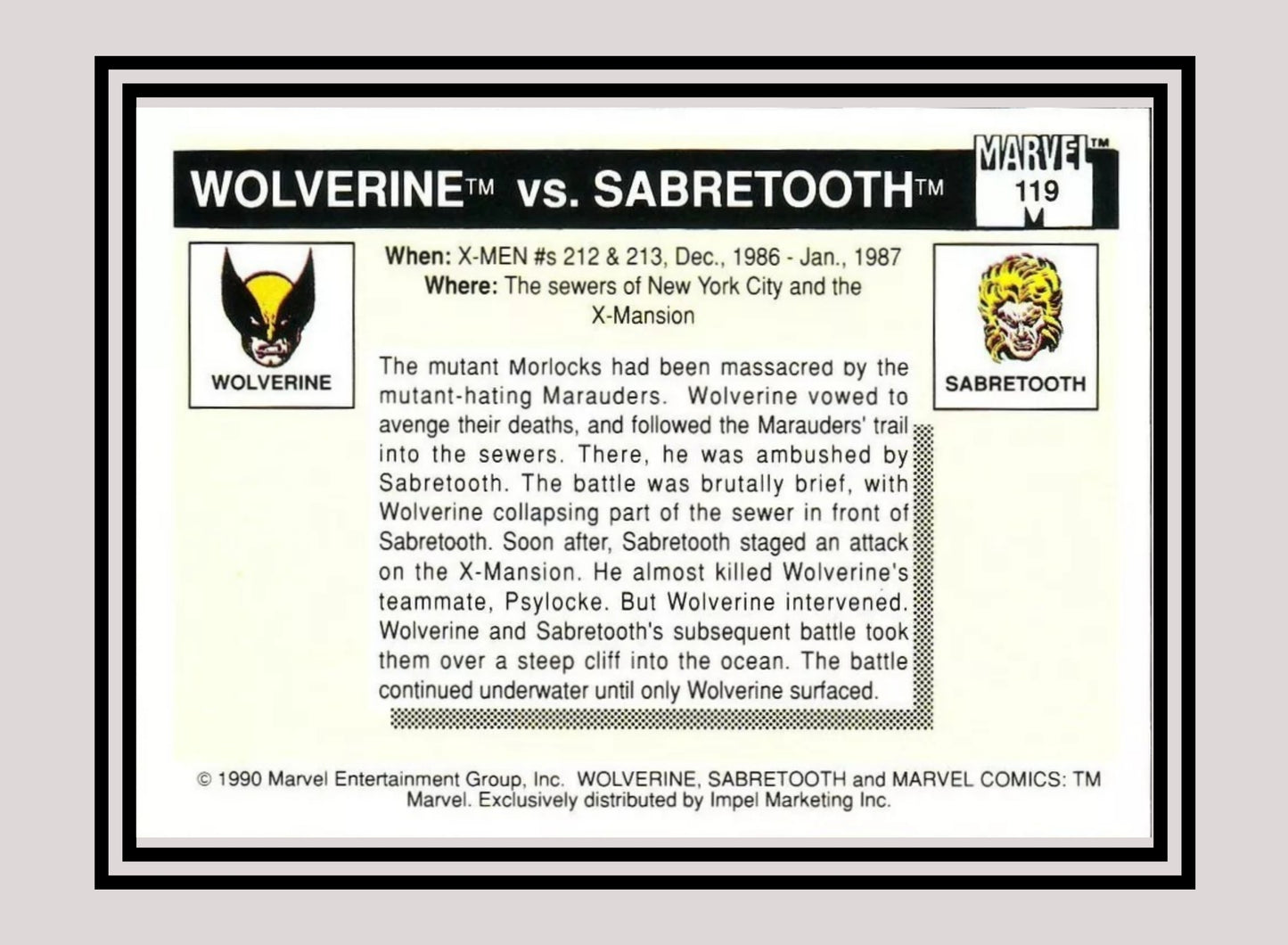 Marvel! 1x Wolverine vs. Sabretooth - Base (#119 - 1990 Impel Marvel Universe Series I)