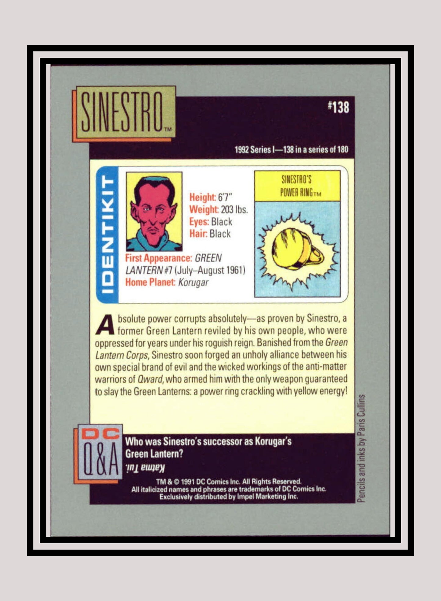 DC! 1x Sinestro - Base (#138 - 1991 Impel DC Cosmic Cards)