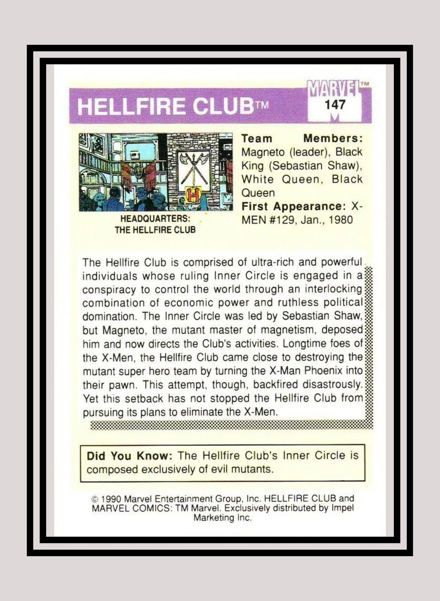 Marvel! 1x Hellfire Club - Base (#147 - 1990 Impel Marvel Universe Series I)