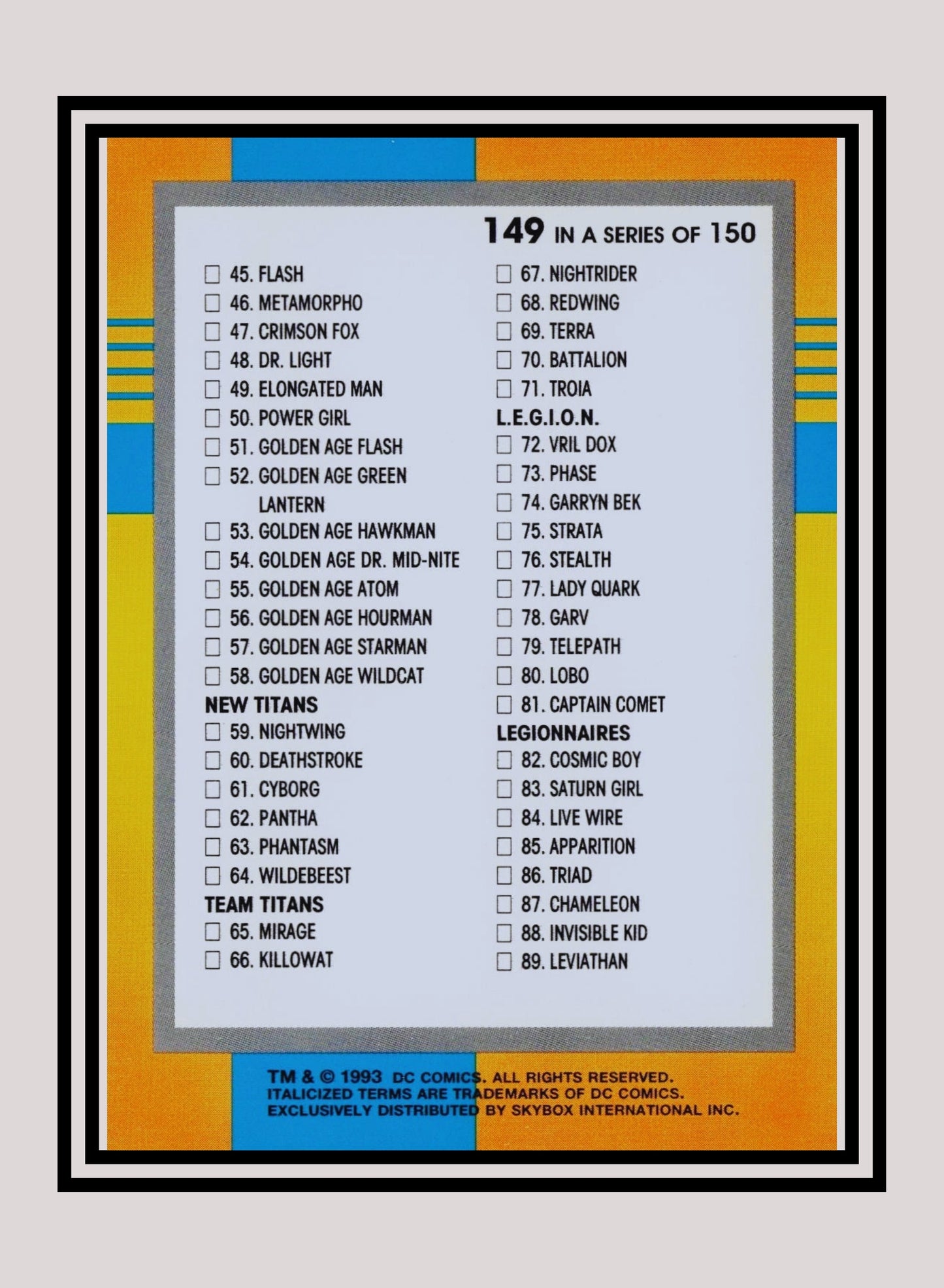 DC! 1x Checklist A - Base (#149 - 1993 Skybox DC Cosmic Teams)