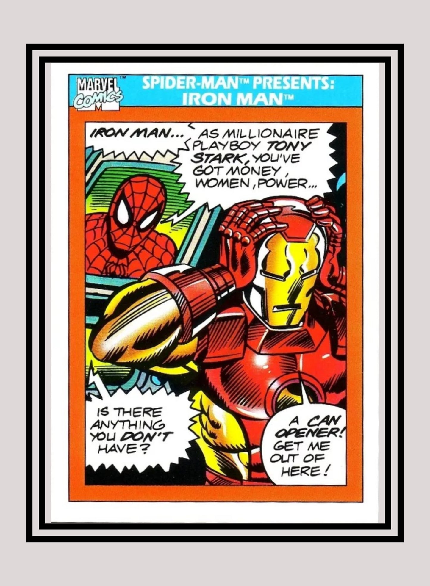 Marvel! 1x Spider-Man Presents: Iron Man - Base (#159 - 1990 Impel Marvel Universe Series I)