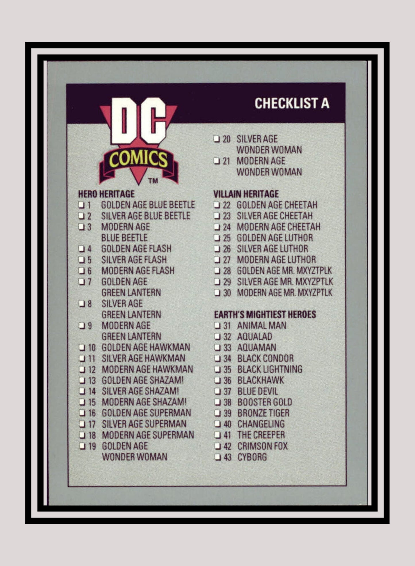 DC! 1x Checklist A (1-96) - Base (#179 - 1991 Impel DC Cosmic Cards)