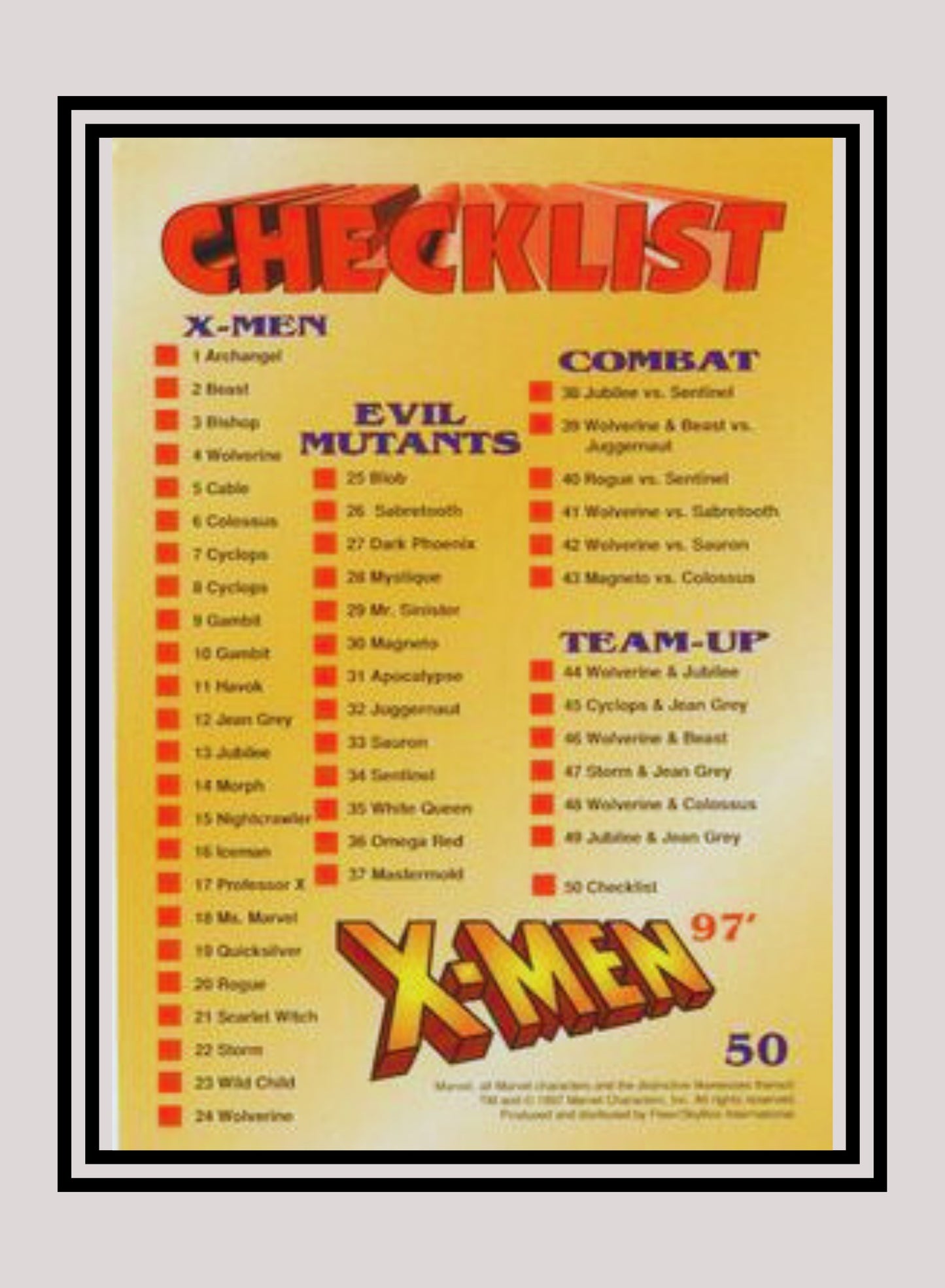 Marvel! 1x Checklist - Base (#50 - 1997 Fleer X-Men International)