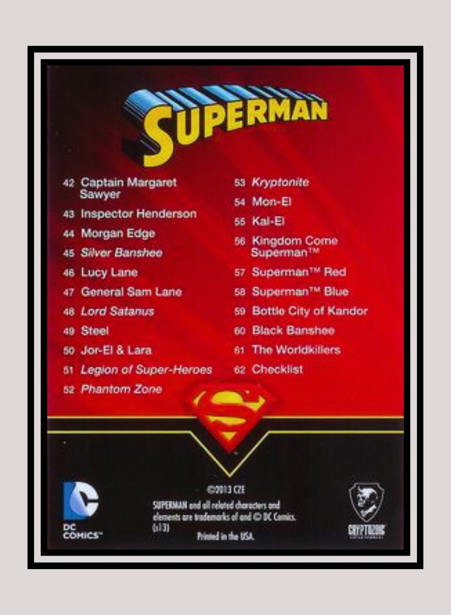 DC! 1x Checklist - Base (#62 - 2013 Cryptozoic DC Superman)