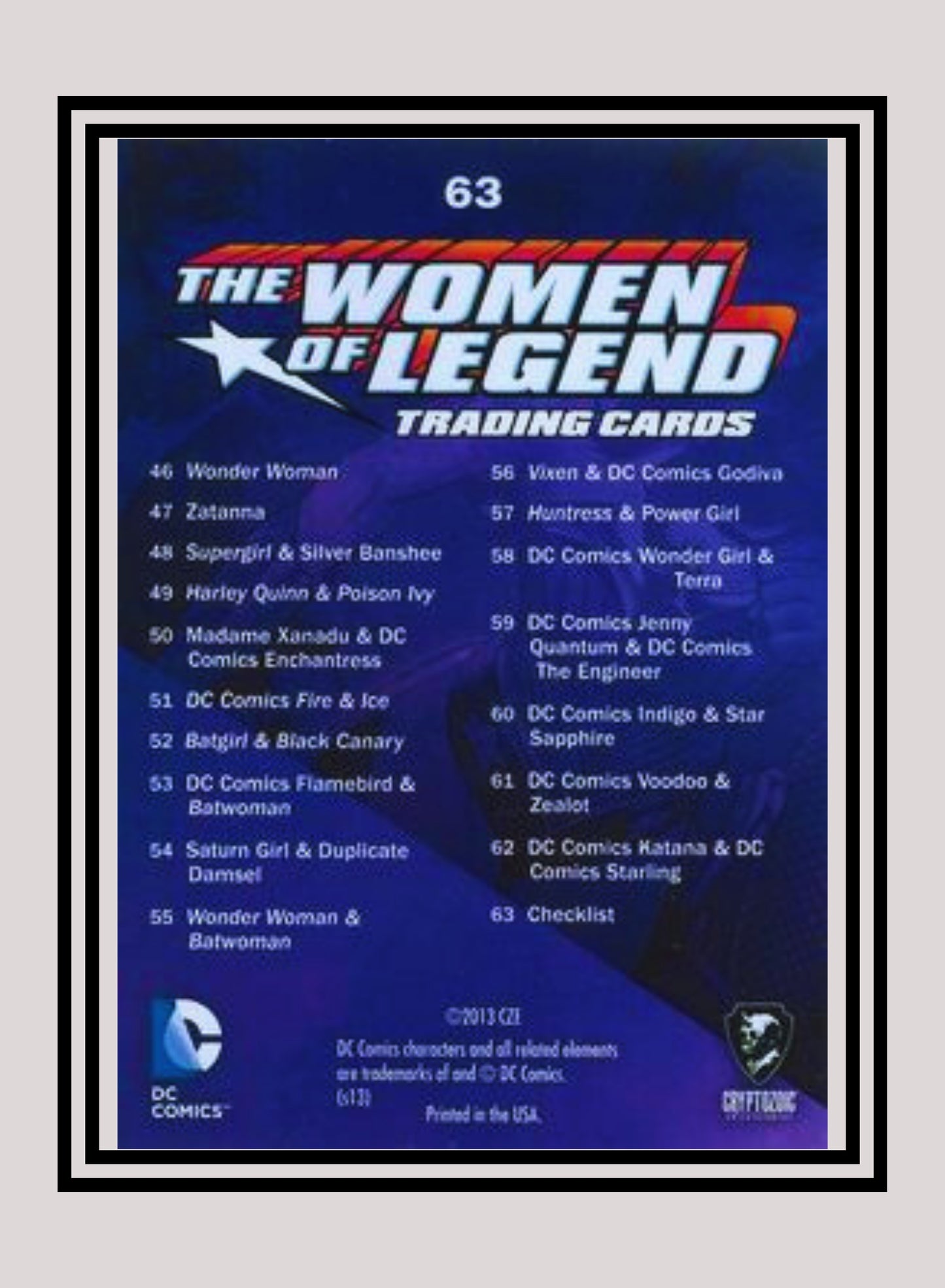 DC! 1x Checklist - Base (#63 - 2013 Cryptozoic The Women of Legend)